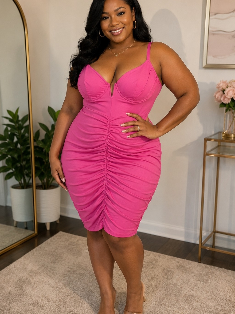 Popilush Curve-Hugging Fuchsia Ruched Midi Dress - 18/20